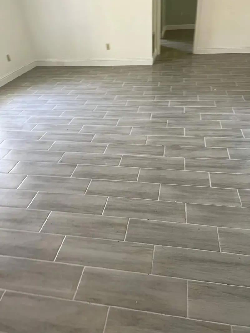 Wood-look porcelain plank floor in running bond pattern, Jacksonville sunroom